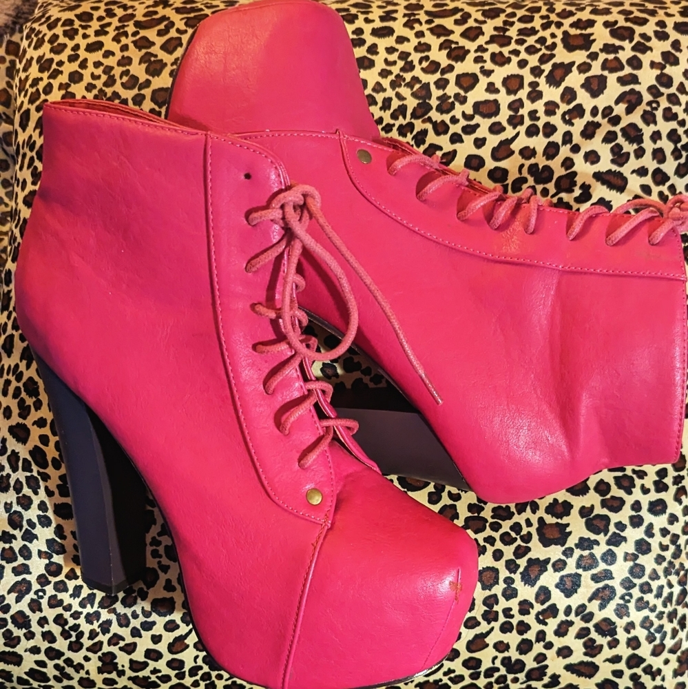 Fuschia Hot Pink Square Toed Platform Booties 5" heel